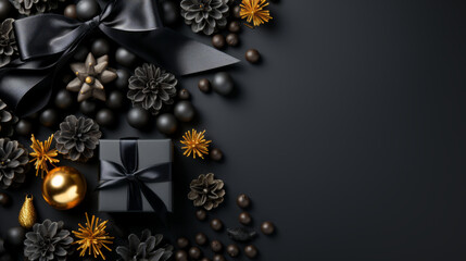 Fototapeta na wymiar Christmas decorations, wrapped gifts, pine cones on black background. space for text. black Friday