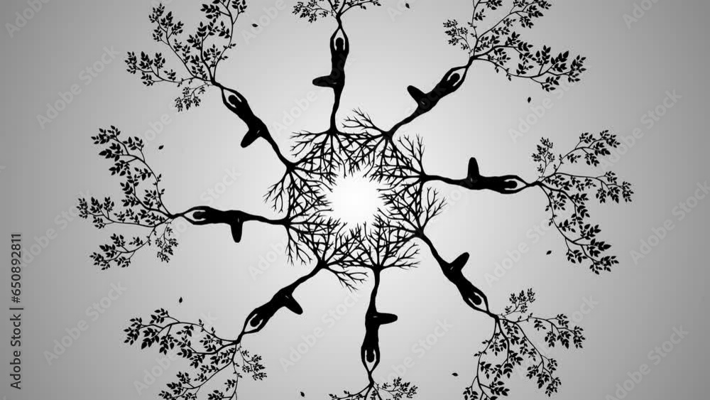 Poster illustrative animation of spinning silhouettes of a figure with a tree on empty background