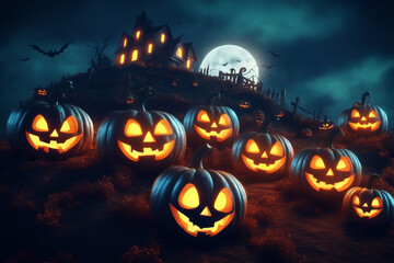 halloween spooky jack o lanterns on an hill in the night
