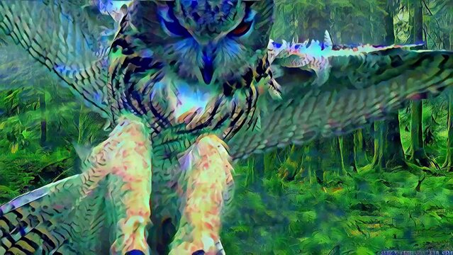 3d rendered animation of a powerful owl with spread wings flies up to the screen