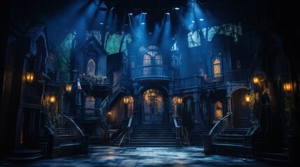 Haunted house or old mansion exterior theater set with scenic elements and theatrical lighting - obrazy, fototapety, plakaty