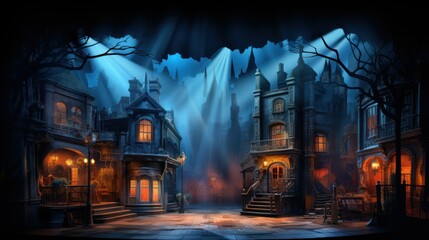 City streets exterior theater set with scenic elements, buildings, staircases, city backdrop and theatrical lighting