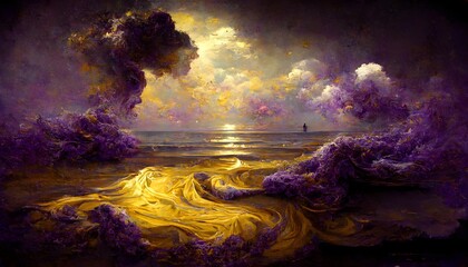 surrealism broken sky filling the ocean with golden sand silver souls drifting away into the void purple and gold color palette haze and gaze bloom and doom 