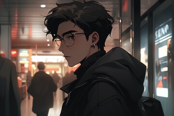 Naklejka premium illustration in anime style a young guy with black hair wearing glasses stands at the station in the evening