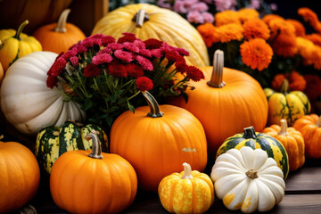 Background of Pumpkins of various sizes and colors with flowers, autumn, trendy palette. halloween or thanksgiving