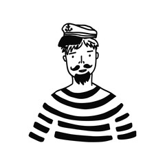 Cute vector black outline doodle sailor man. Funny hand drawn seaman illustration for logo design, tattoo, sticker, marine decor element, textile print