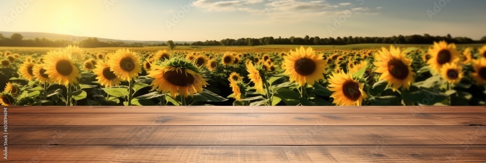 Poster The empty wooden table top with sunflower field background, Product display template.
