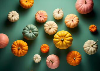 Obraz premium Small colorful pastel pumpkins on green background. Flat lay. Top View