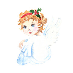 Cute Christmas angel with holly branch in the hair. Vintage stile. Good for cards, prints, decoration.