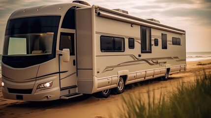 Obraz premium A luxurious motorhome, Expensive luxurious camper motorhome on the beach, Journey concept.