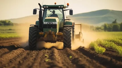 Printed roller blinds Tractor Farmer using a tractor and planting implement, Plants potatoes in the fertile farm fields.