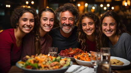 Fototapeta premium Thanksgiving family portriat at the seasonal dinner table - generative AI.