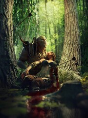 3D render of a fantasy scene with an orc holding his fallen comrade - a blonde girl in a swampy area