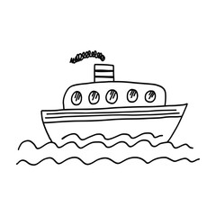 Cute hand drawn black outline doodle ship, steamer, steamboat. Funny sketch sea transport with waves for emblem design, kids books and apps, textile print, logo, tattoo