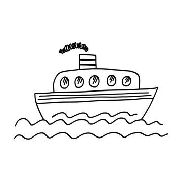 recommend clip art: Cute hand drawn black outline doodle ship, steamer, steamboat. Funny sketch sea transport with waves for emblem design, kids books and apps, textile print, logo, tattoo