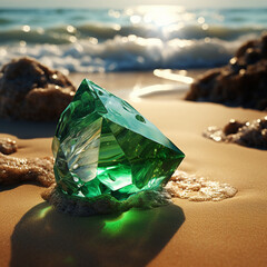 Fotografia con detalle de mineral de color verde esmeralda sobre arena de playa con piedras, olas y reflejos de luz