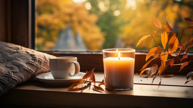 Candle and cup resting on window sill with a fall mountain country veiw - generative AI.