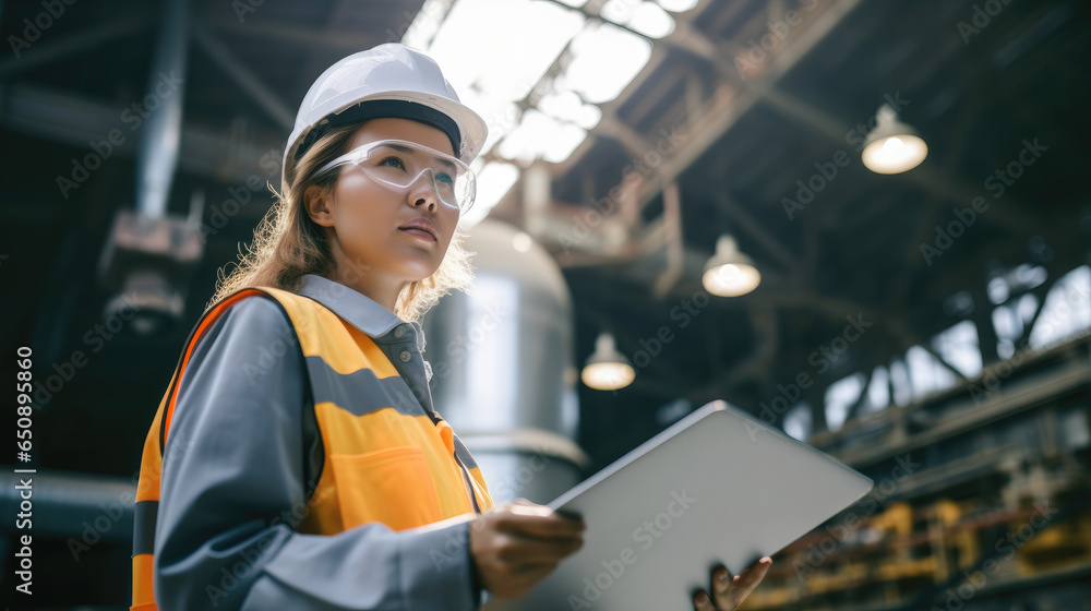 Poster female engineer checking work in factory with digital tablet.