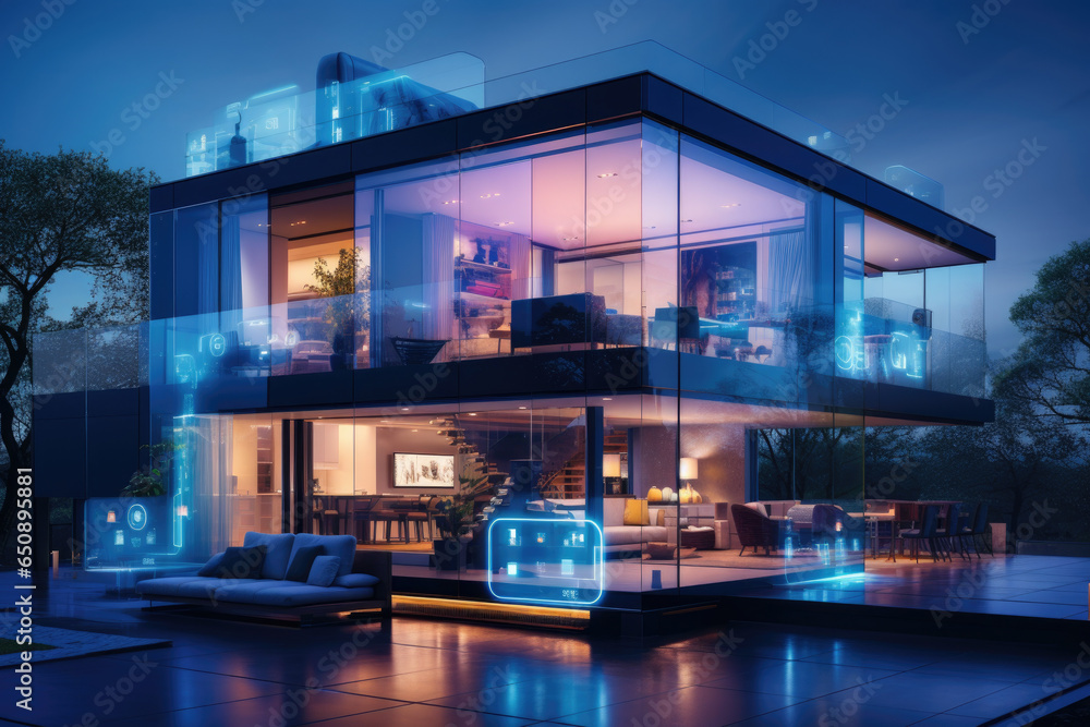 Poster a futuristic smart home with ai-powered devices controlling lighting and temperature. generative ai.