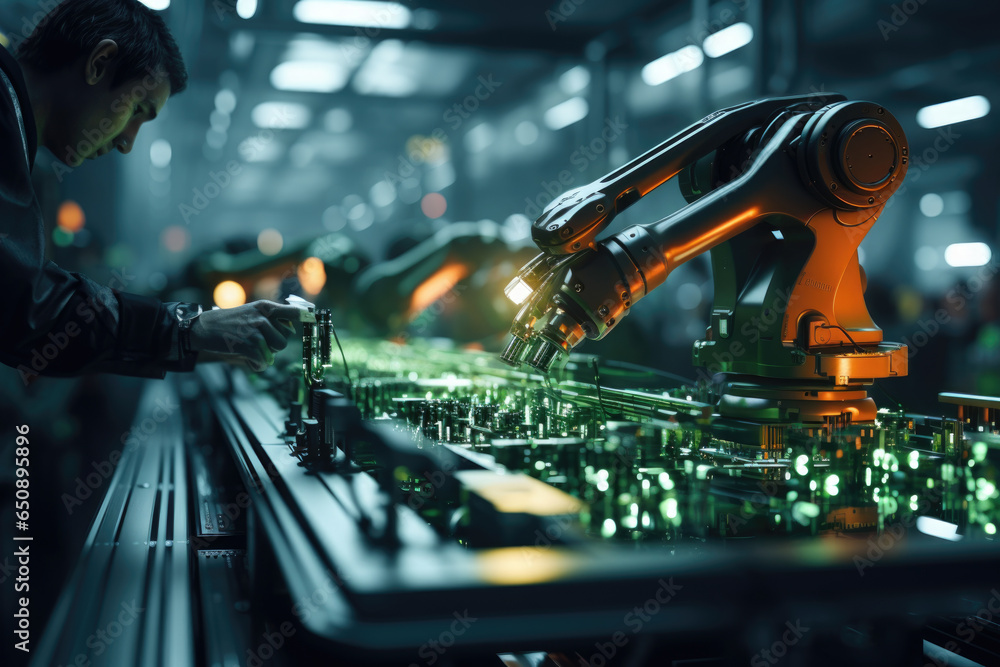Poster a robot arm assembling intricate electronic components in a high-tech factory. generative ai.
