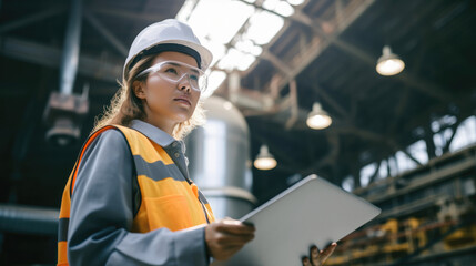 Female engineer checking work in factory with digital tablet.