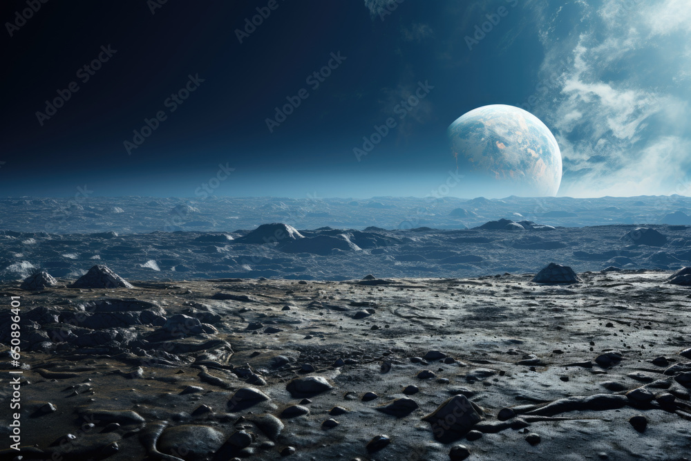 Poster the iconic view of earthrise from the lunar surface. generative ai.