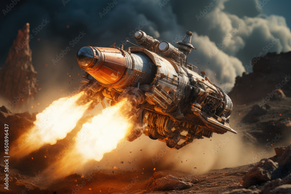 Poster the mars ascent vehicle taking off from the planet's surface. generative ai.