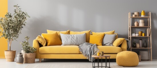 Contemporary boho living room decor with a gray sofa yellow pillows artwork rattan basket and personal accessories