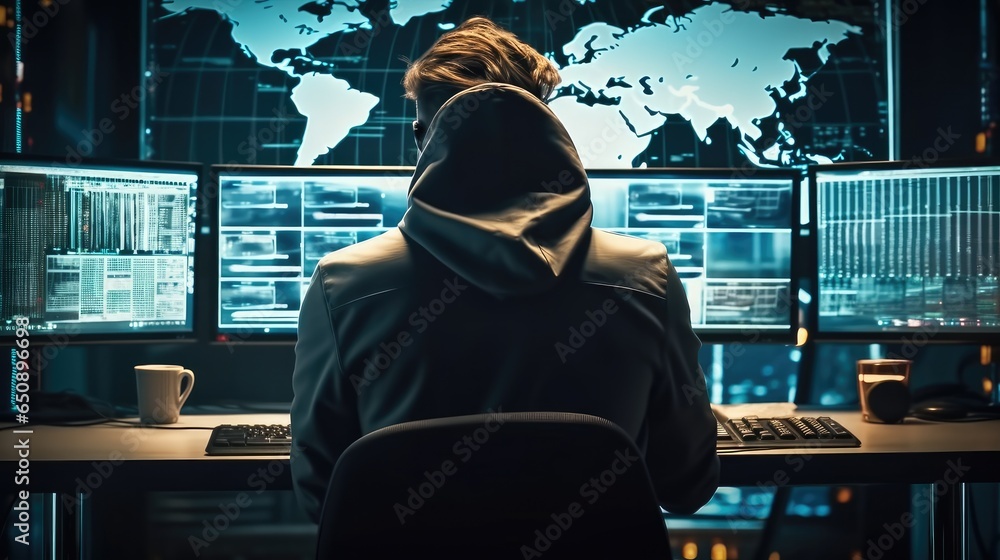 Poster hacker sitting on chair doing hack behind multiple big screens, cyber security concept.