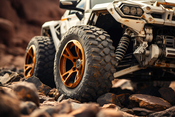 Fototapeta na wymiar A close-up of a Mars rover's wheels traversing the rocky terrain. Generative Ai.