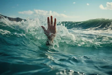 Photo sur Aluminium Vielles portes A hand sticking out of the sea, begging and calling for help. A drowned man fighting for his life and asking rescuers and people for help. Generative Ai.