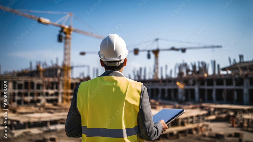 Poster senior architect using technology at construction site.