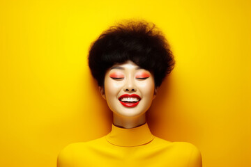 A stylish lady with vibrant multitude of yellow color fashion accessories, takes center stage in a close-up portrait against a lively background. Generative AI.