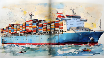 This journal illustration harmoniously blends the elements of transport, logistics, and maritime trade, depicting a cargo ship navigating through bustling ports, vast oceans, and industrial dockyards, - 650896877