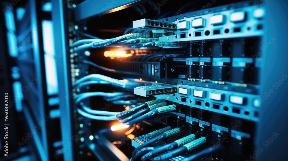 Poster Internet cables and wires in server room with switch in company on the development of a quantum computer, Network background.