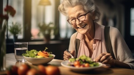 Naklejka premium Senior woman eating healthy food at home.