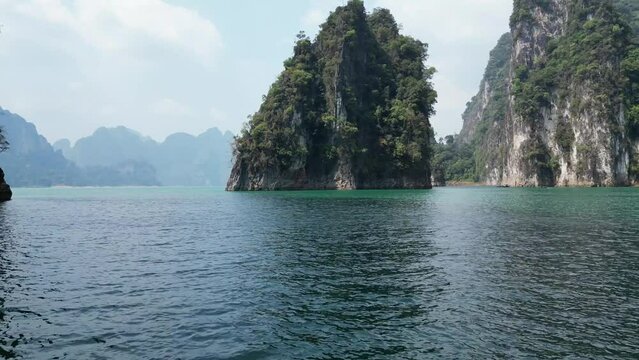 Boat trip to the islands in Thailand. Khao Sok National Park and Cheo Lan Lake. Aerial view from a helicopter