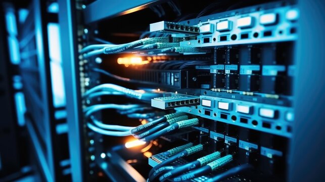 Internet cables and wires in server room with switch in company on the development of a quantum computer, Network background.