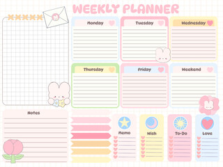 Weekly planner inspiration notepaper design printable .  White pink pages for tags , weekly notes,  to do list minimal style with flower tags cartoon character 