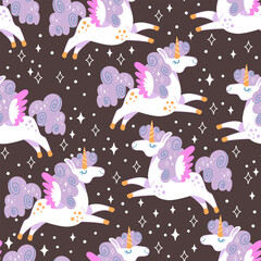 Seamless vector pattern unicorns purple main brown illustration