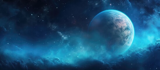 Nebula backdrop behind a blue planet