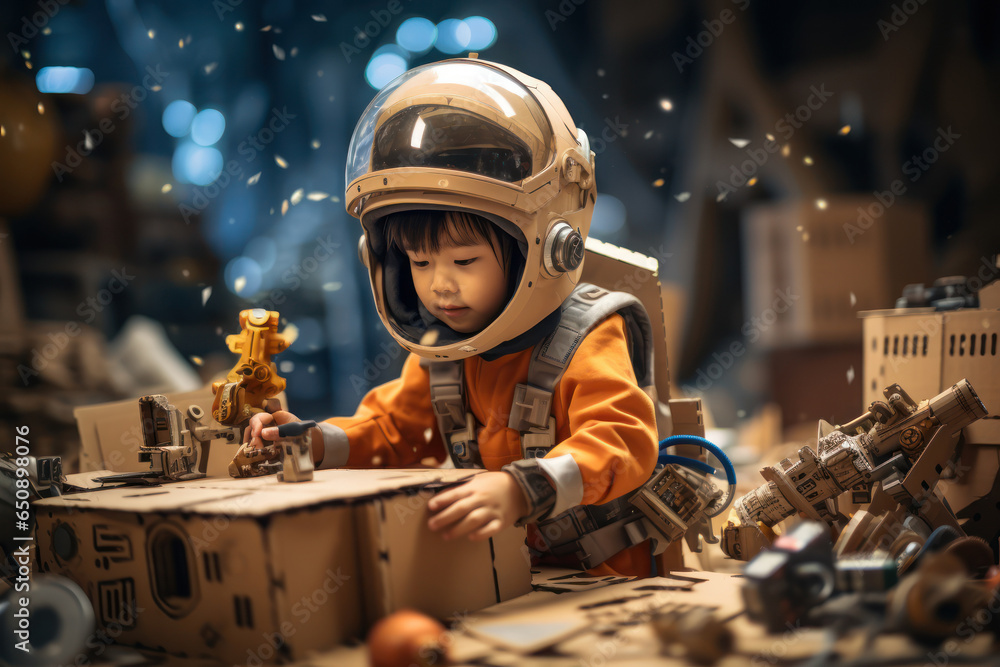 Aufkleber a child constructing a spaceship from cardboard boxes, fueled by imagination. concept of imaginative