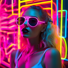 An unknown girl with vibrant colors at night, summer energy, and a lot of positivity, radiating inspiration and style, super trendy and cool