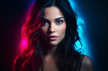 Fototapeta premium A stylish lady with vibrant multitude of neon red blue color fashion accessories, takes center stage in a close-up portrait against a lively background. Generative AI.