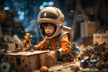 A child constructing a spaceship from cardboard boxes, fueled by imagination. Concept of imaginative creativity. Generative Ai.