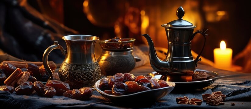 Black coffee and dates served in a traditional Bedouin tent with a vintage Arabian coffee pot and small cups is a popular Middle Eastern beverage