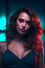 Fototapeta premium A stylish lady with vibrant multitude of neon red blue color fashion accessories, takes center stage in a close-up portrait against a lively background. Generative AI.