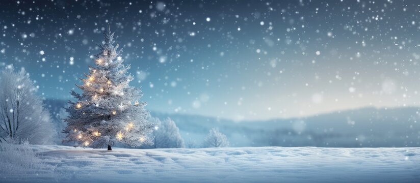 Abstract winter background featuring a blurred Christmas tree in a snowy landscape with a snowflake as a symbol of Christmas