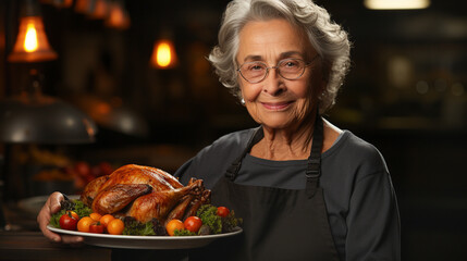 Happy elderly woman wearing her apron fixing her Thanksgiving turkey and all the fixings in the kitchen - generative AI.