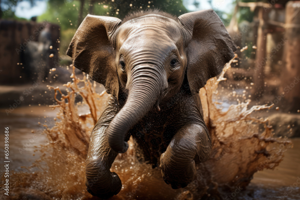 Sticker A baby elephant gleefully splashing in a mud puddle, showering itself in a brown, gooey spray. Concept of elephant playtime. Generative Ai.